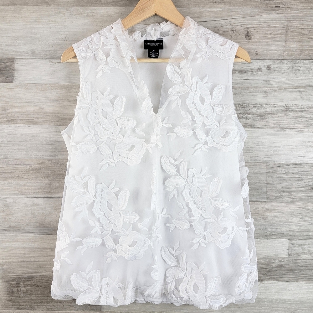 Liz Claiborne Career White Floral Lace Sleeveless Deep VNeck Blouse Size Medium - Picture 6 of 16